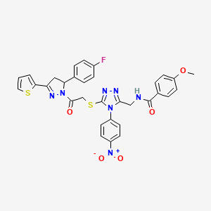 molecular formula C32H26FN7O5S2 B2500198 N-[[5-[2-[3-(4-氟苯基)-5-噻吩-2-基-3,4-二氢嘧啶-2-基]-2-氧代乙基]硫代基-4-(4-硝基苯基)-1,2,4-三唑-3-基]甲基]-4-甲氧基苯甲酰胺 CAS No. 393583-92-1