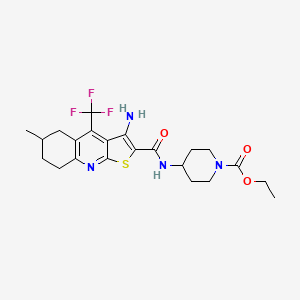 molecular formula C22H27F3N4O3S B2500205 乙酸乙酯 4-[[3-氨基-6-甲基-4-(三氟甲基)-5,6,7,8-四氢噻吩[2,3-b]喹啉-2-基]羰基氨基]哌啶-1-基-1-甲酸酯 CAS No. 626228-77-1