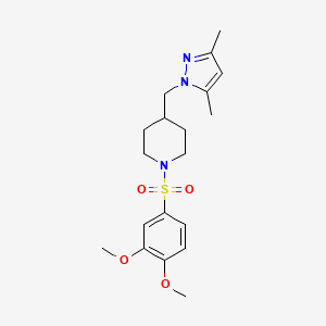 molecular formula C19H27N3O4S B2500330 1-((3,4-二甲氧基苯基)磺酰)-4-((3,5-二甲基-1H-嘧唑-1-基)甲基)哌啶 CAS No. 1396874-12-6