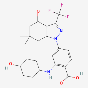 molecular formula C23H26F3N3O4 B2500371 4-[6,6-dimethyl-4-oxo-3-(trifluoromethyl)-4,5,6,7-tetrahydro-1H-indazol-1-yl]-2-[(4-hydroxycyclohexyl)amino]benzoic acid CAS No. 1354448-64-8