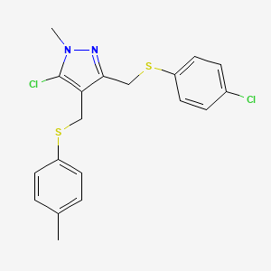 molecular formula C19H18Cl2N2S2 B2500567 5-Chloro-3-[(4-chlorophenyl)sulfanylmethyl]-1-methyl-4-[(4-methylphenyl)sulfanylmethyl]pyrazole CAS No. 318234-35-4