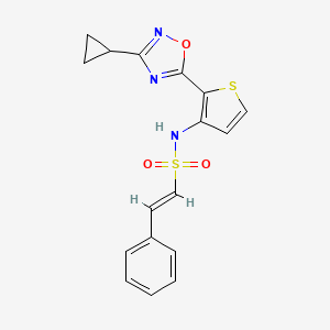 molecular formula C17H15N3O3S2 B2500615 (E)-N-(2-(3-cyclopropyl-1,2,4-oxadiazol-5-yl)thiophen-3-yl)-2-phenylethenesulfonamide CAS No. 1706498-81-8