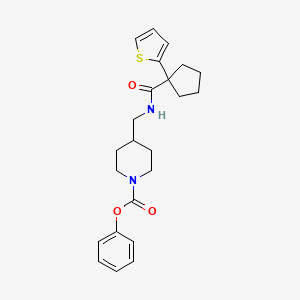 molecular formula C23H28N2O3S B2500619 Phenyl 4-((1-(thiophen-2-yl)cyclopentanecarboxamido)methyl)piperidine-1-carboxylate CAS No. 1235636-32-4