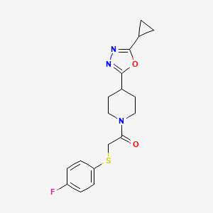 molecular formula C18H20FN3O2S B2500624 1-(4-(5-Cyclopropyl-1,3,4-oxadiazol-2-yl)piperidin-1-yl)-2-((4-fluorophenyl)thio)ethanone CAS No. 1211295-68-9