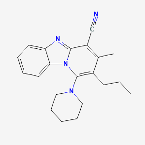 molecular formula C21H24N4 B2500630 11-methyl-13-(piperidin-1-yl)-12-propyl-1,8-diazatricyclo[7.4.0.0^{2,7}]trideca-2(7),3,5,8,10,12-hexaene-10-carbonitrile CAS No. 861119-51-9