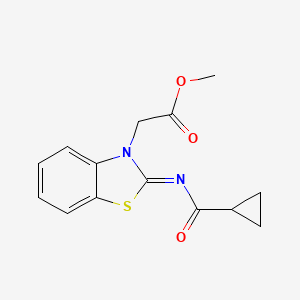 molecular formula C14H14N2O3S B2500639 Methyl 2-[2-(cyclopropanecarbonylimino)-1,3-benzothiazol-3-yl]acetate CAS No. 865197-70-2