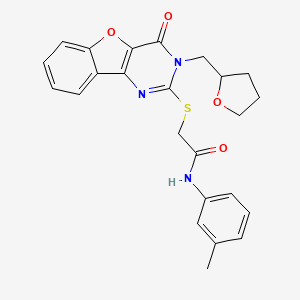 molecular formula C24H23N3O4S B2500661 N-(3-methylphenyl)-2-{[4-oxo-3-(tetrahydrofuran-2-ylmethyl)-3,4-dihydro[1]benzofuro[3,2-d]pyrimidin-2-yl]sulfanyl}acetamide CAS No. 899981-99-8