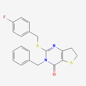 molecular formula C20H17FN2OS2 B2500694 3-Benzyl-2-[(4-fluorophenyl)methylsulfanyl]-6,7-dihydrothieno[3,2-d]pyrimidin-4-one CAS No. 877618-89-8
