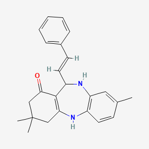 molecular formula C24H26N2O B2500784 3,9,9-trimethyl-6-[(E)-2-phenylethenyl]-6,8,10,11-tetrahydro-5H-benzo[b][1,4]benzodiazepin-7-one CAS No. 1025658-27-8