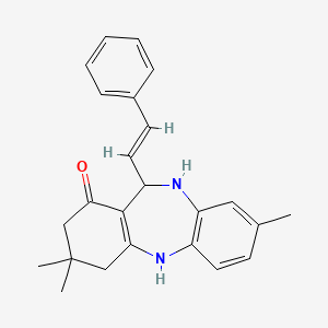 molecular formula C24H26N2O B2500784 3,9,9-三甲基-6-[(E)-2-苯乙烯基]-6,8,10,11-四氢-5H-苯并[b][1,4]苯并二氮杂环-7-酮 CAS No. 1025658-27-8