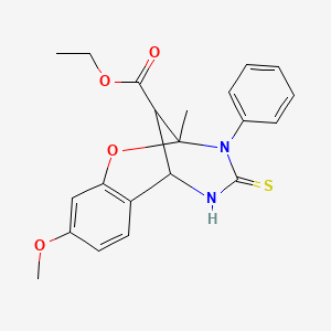 molecular formula C21H22N2O4S B2500800 ethyl 9-methoxy-2-methyl-3-phenyl-4-thioxo-3,4,5,6-tetrahydro-2H-2,6-methano-1,3,5-benzoxadiazocine-11-carboxylate CAS No. 1005038-13-0