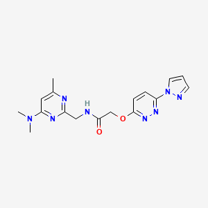 molecular formula C17H20N8O2 B2500842 2-((6-(1H-pyrazol-1-yl)pyridazin-3-yl)oxy)-N-((4-(dimethylamino)-6-methylpyrimidin-2-yl)methyl)acetamide CAS No. 1796993-55-9