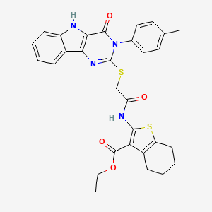 molecular formula C30H28N4O4S2 B2500939 ethyl 2-(2-((4-oxo-3-(p-tolyl)-4,5-dihydro-3H-pyrimido[5,4-b]indol-2-yl)thio)acetamido)-4,5,6,7-tetrahydrobenzo[b]thiophene-3-carboxylate CAS No. 536704-75-3