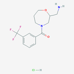 molecular formula C14H18ClF3N2O2 B2500940 [2-(氨甲基)-1,4-噁唑烷-4-基]-[3-(三氟甲基)苯基]甲酮；盐酸盐 CAS No. 2416243-23-5