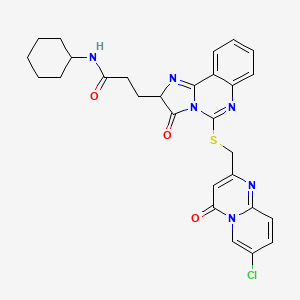 molecular formula C28H27ClN6O3S B2500969 3-{5-[({7-chloro-4-oxo-4H-pyrido[1,2-a]pyrimidin-2-yl}methyl)sulfanyl]-3-oxo-2H,3H-imidazo[1,2-c]quinazolin-2-yl}-N-cyclohexylpropanamide CAS No. 1041024-63-8