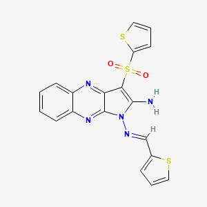molecular formula C19H13N5O2S3 B2501000 (E)-N1-(噻吩-2-基甲亚基)-3-(噻吩-2-基磺酰基)-1H-吡喹啉并[2,3-b]喹啉-1,2-二胺 CAS No. 842965-80-4