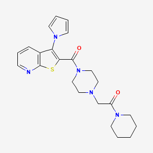 molecular formula C23H27N5O2S B2501026 1-(ピペリジン-1-イル)-2-{4-[3-(1H-ピロール-1-イル)チエノ[2,3-b]ピリジン-2-カルボニル]ピペラジン-1-イル}エタン-1-オン CAS No. 1112279-79-4