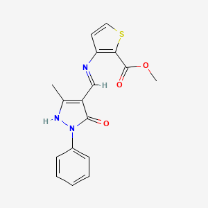 molecular formula C17H15N3O3S B2501116 methyl 3-{[(3-methyl-5-oxo-1-phenyl-1,5-dihydro-4H-pyrazol-4-yliden)methyl]amino}-2-thiophenecarboxylate CAS No. 1025619-73-1