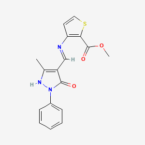 molecular formula C17H15N3O3S B2501116 methyl 3-({[(4E)-3-methyl-5-oxo-1-phenyl-4,5-dihydro-1H-pyrazol-4-ylidene]methyl}amino)thiophene-2-carboxylate CAS No. 1025619-73-1