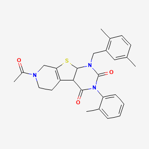 molecular formula C27H27N3O3S B2501135 11-Acetyl-6-[(2,5-dimethylphenyl)methyl]-4-(2-methylphenyl)-8-thia-4,6,11-triazatricyclo[7.4.0.0^{2,7}]trideca-1(9),2(7)-diene-3,5-dione CAS No. 902944-69-8