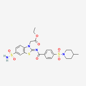 molecular formula C24H28N4O7S3 B2501193 乙酸 2-[2-[4-(4-甲基哌啶-1-基)磺酰基苯甲酰基]亚胺基-6-磺酰胺基-1,3-苯并噻唑-3-基]乙酯 CAS No. 865248-05-1