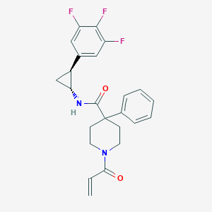 molecular formula C24H23F3N2O2 B2501213 4-Phenyl-1-prop-2-enoyl-N-[(1R,2S)-2-(3,4,5-trifluorophenyl)cyclopropyl]piperidine-4-carboxamide CAS No. 2361598-75-4