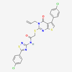 molecular formula C25H17Cl2N5O2S3 B2501231 2-[5-(4-chlorophenyl)-4-oxo-3-prop-2-enylthieno[2,3-d]pyrimidin-2-yl]sulfanyl-N-[5-(4-chlorophenyl)-1,2,4-thiadiazol-3-yl]acetamide CAS No. 671200-57-0