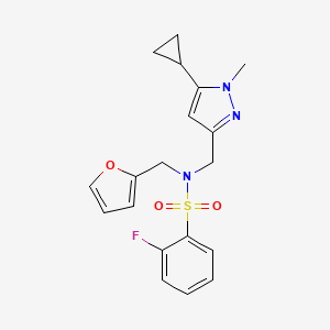 molecular formula C19H20FN3O3S B2501234 N-((5-cyclopropyl-1-methyl-1H-pyrazol-3-yl)methyl)-2-fluoro-N-(furan-2-ylmethyl)benzenesulfonamide CAS No. 1787880-18-5