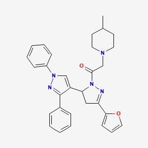 molecular formula C30H31N5O2 B2501286 5-(2-furyl)-2-[(4-methylpiperidin-1-yl)acetyl]-1',3'-diphenyl-3,4-dihydro-1'H,2H-3,4'-bipyrazole CAS No. 1020051-91-5