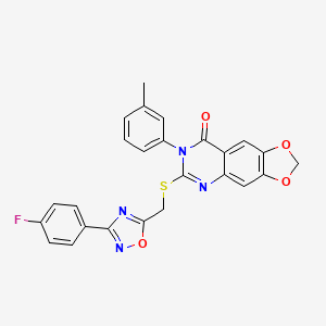molecular formula C25H17FN4O4S B2501307 6-(((3-(4-fluorophenyl)-1,2,4-oxadiazol-5-yl)methyl)thio)-7-(m-tolyl)-[1,3]dioxolo[4,5-g]quinazolin-8(7H)-one CAS No. 1112028-42-8