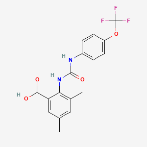 molecular formula C17H15F3N2O4 B2501410 3,5-二甲基-2-(((4-(三氟甲氧基)苯基)氨基)羰基氨基)苯甲酸 CAS No. 1023524-41-5