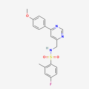 molecular formula C19H18FN3O3S B2501449 4-fluoro-N-((6-(4-methoxyphenyl)pyrimidin-4-yl)methyl)-2-methylbenzenesulfonamide CAS No. 2194907-30-5