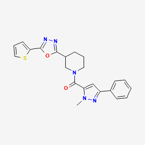 molecular formula C22H21N5O2S B2501511 (1-methyl-3-phenyl-1H-pyrazol-5-yl)(3-(5-(thiophen-2-yl)-1,3,4-oxadiazol-2-yl)piperidin-1-yl)methanone CAS No. 1226429-60-2