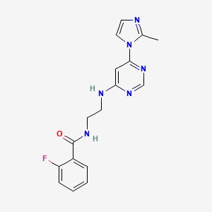 molecular formula C17H17FN6O B2501531 2-fluoro-N-(2-((6-(2-methyl-1H-imidazol-1-yl)pyrimidin-4-yl)amino)ethyl)benzamide CAS No. 1203246-51-8