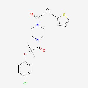 molecular formula C22H25ClN2O3S B2501583 2-(4-Chlorophenoxy)-2-methyl-1-(4-(2-(thiophen-2-yl)cyclopropanecarbonyl)piperazin-1-yl)propan-1-one CAS No. 1211120-33-0
