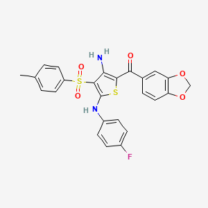 molecular formula C25H19FN2O5S2 B2501587 (3-Amino-5-((4-fluorophenyl)amino)-4-tosylthiophen-2-yl)(benzo[d][1,3]dioxol-5-yl)methanone CAS No. 1115373-25-5