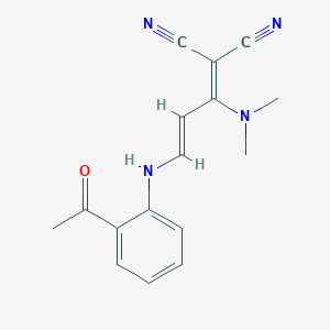 molecular formula C16H16N4O B2501593 2-[(E)-3-(2-acetylanilino)-1-(dimethylamino)prop-2-enylidene]propanedinitrile CAS No. 338773-94-7