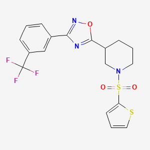 molecular formula C18H16F3N3O3S2 B2501630 1-(2-Thienylsulfonyl)-3-{3-[3-(trifluoromethyl)phenyl]-1,2,4-oxadiazol-5-yl}piperidine CAS No. 1105215-38-0