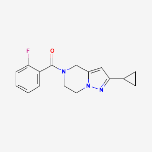 molecular formula C16H16FN3O B2501645 (2-cyclopropyl-6,7-dihydropyrazolo[1,5-a]pyrazin-5(4H)-yl)(2-fluorophenyl)methanone CAS No. 2034555-43-4