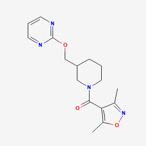 molecular formula C16H20N4O3 B2501671 (3,5-Dimethyl-1,2-oxazol-4-yl)-[3-(pyrimidin-2-yloxymethyl)piperidin-1-yl]methanone CAS No. 2380064-04-8
