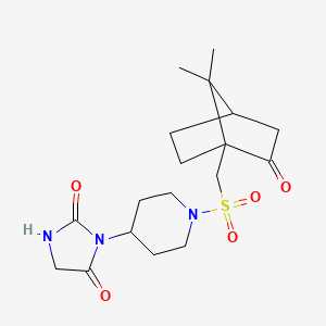 molecular formula C18H27N3O5S B2501697 3-(1-(((7,7-Dimethyl-2-oxobicyclo[2.2.1]heptan-1-yl)methyl)sulfonyl)piperidin-4-yl)imidazolidine-2,4-dione CAS No. 2034443-42-8