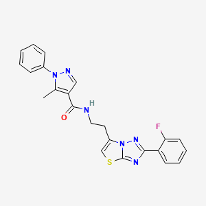 molecular formula C23H19FN6OS B2501705 N-(2-(2-(2-fluorophenyl)thiazolo[3,2-b][1,2,4]triazol-6-yl)ethyl)-5-methyl-1-phenyl-1H-pyrazole-4-carboxamide CAS No. 1324675-52-6