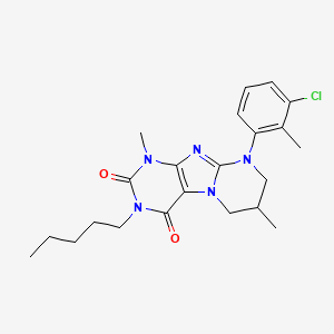 molecular formula C22H28ClN5O2 B2501708 9-(3-chloro-2-methylphenyl)-1,7-dimethyl-3-pentyl-6,7,8,9-tetrahydropyrimido[2,1-f]purine-2,4(1H,3H)-dione CAS No. 877617-52-2