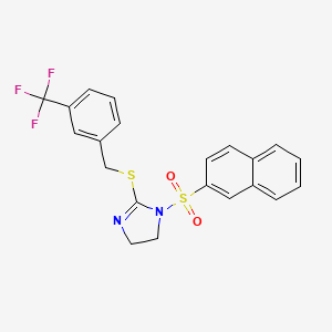 molecular formula C21H17F3N2O2S2 B2501790 1-Naphthalen-2-ylsulfonyl-2-[[3-(trifluoromethyl)phenyl]methylsulfanyl]-4,5-dihydroimidazole CAS No. 868218-22-8