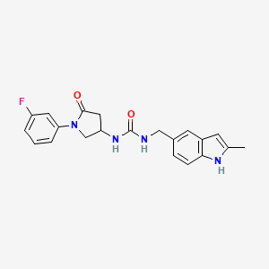 molecular formula C21H21FN4O2 B2501824 1-(1-(3-fluorophenyl)-5-oxopyrrolidin-3-yl)-3-((2-methyl-1H-indol-5-yl)methyl)urea CAS No. 894034-40-3