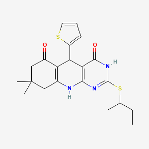 molecular formula C21H25N3O2S2 B2501834 2-(butan-2-ylsulfanyl)-8,8-dimethyl-5-(thiophen-2-yl)-5,8,9,10-tetrahydropyrimido[4,5-b]quinoline-4,6(3H,7H)-dione CAS No. 631854-47-2