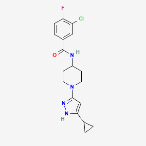 molecular formula C18H20ClFN4O B2501876 3-chloro-N-(1-(5-cyclopropyl-1H-pyrazol-3-yl)piperidin-4-yl)-4-fluorobenzamide CAS No. 1902937-36-3
