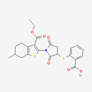 molecular formula C23H23NO6S2 B2501931 2-((1-(3-(Ethoxycarbonyl)-6-methyl-4,5,6,7-tetrahydrobenzo[b]thiophen-2-yl)-2,5-dioxopyrrolidin-3-yl)thio)benzoic acid CAS No. 857493-94-8