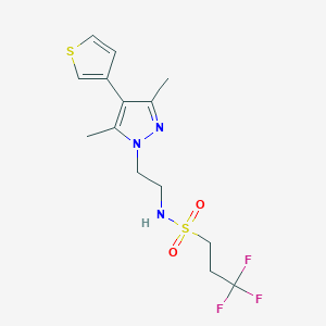 molecular formula C14H18F3N3O2S2 B2501936 N-(2-(3,5-dimethyl-4-(thiophen-3-yl)-1H-pyrazol-1-yl)ethyl)-3,3,3-trifluoropropane-1-sulfonamide CAS No. 2034350-93-9