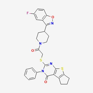 molecular formula C29H25FN4O3S2 B2501995 10-({2-[4-(5-氟-1,2-苯并恶唑-3-基)哌啶-1-基]-2-氧代乙基}硫代)-11-苯基-7-噻-9,11-二氮杂三环[6.4.0.0^{2,6}]十二-1(8),2(6),9-三烯-12-酮 CAS No. 690647-00-8